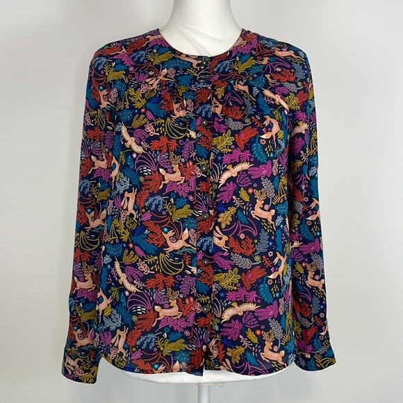 Anthropologie 25 of 52 Conversations Oh Deer Woodland Animal Print Blouse. Sz 0 - Picture 1 of 14